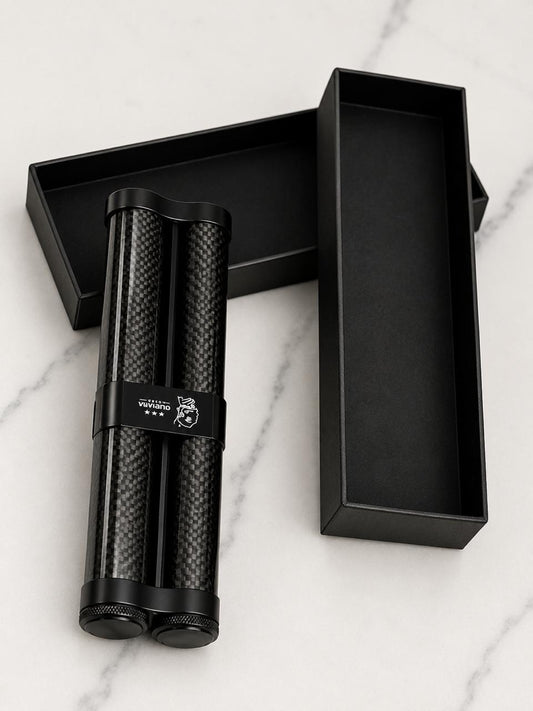 🖤 Al Khumery Double Carbon Fiber Cigar Tube Case | Twin Cylinder | Matte Black | Luxury Gift Box | Premium Cigar Holder