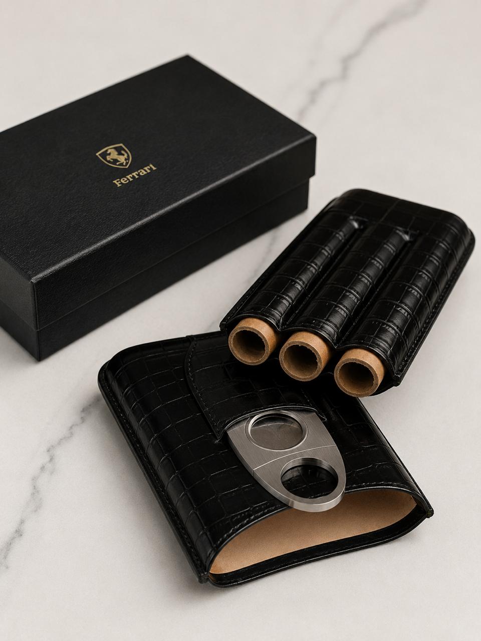 🏎️ Al Khumery Ferrari Luxury 3-Finger Cigar Case Set | Black Crocodile Leather | Stainless Steel Cutter | Premium Gift Box