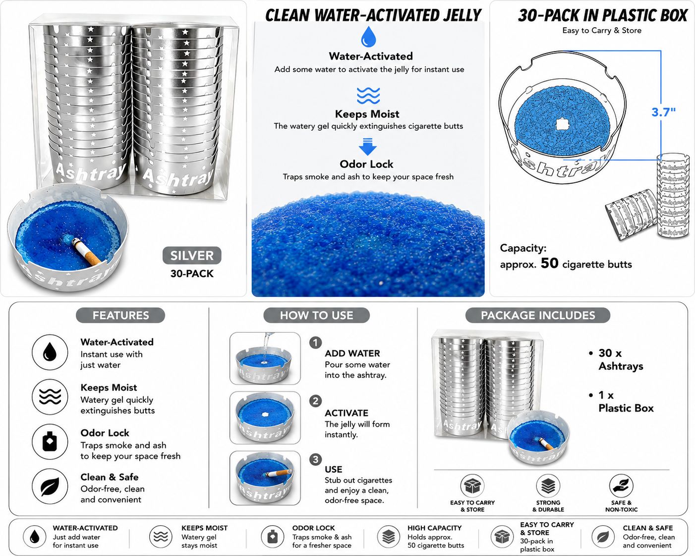 Al Khumery Premium Disposable Silver Ashtrays with Blue Foam | Elegant Star Design | Odor-Absorbing | Bulk Pack – Perfect for Weddings, Cafes, Parties & Outdoor Events