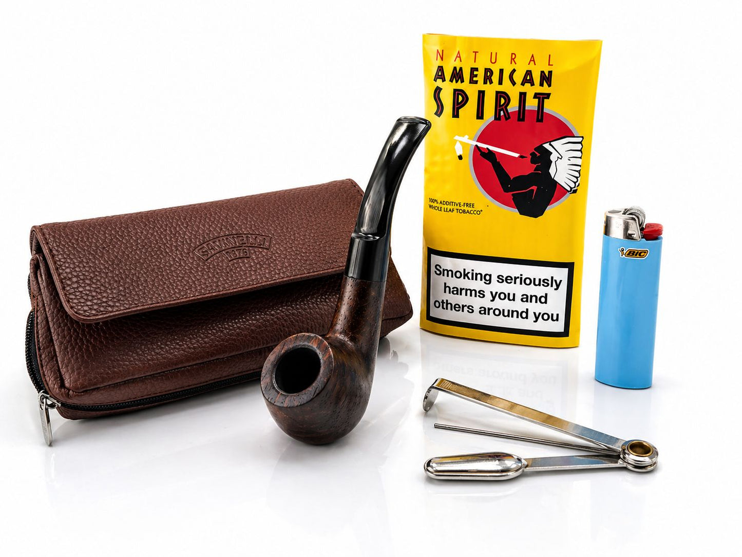 AL KHUMERY NATURAL AMERICAN SPIRIT YELLOW TOBACCO COMBO KIT | ENGLISH PIPE + SAVINELLI LEATHER POUCH + BIC LIGHTER + TAMPER TOOL