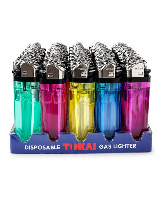 Tokai Disposable Gas Lighters – 50 Pack Tray, Assorted Transparent Colors, Bulk Wholesale