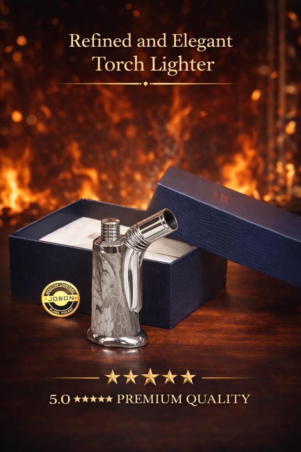 Luxury Meets Power — JOBON 5.0★ Elegant Desktop Torch Lighter | Stunning Chrome Design with Premium Gift Box | AL KHUMERY UAE
