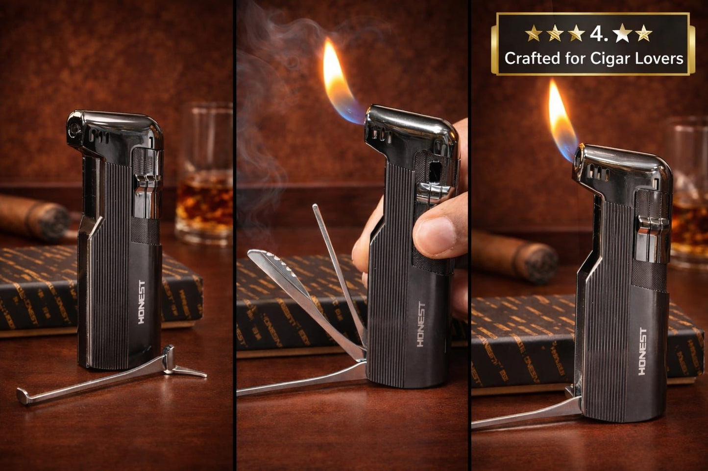 HONEST Multi-Tool Cigar Lighter with Built-In Cutter & Stand | Windproof Torch Flame | Crafted for Cigar Lovers | 4.9★ Best Seller | AL KHUMERY UAE
