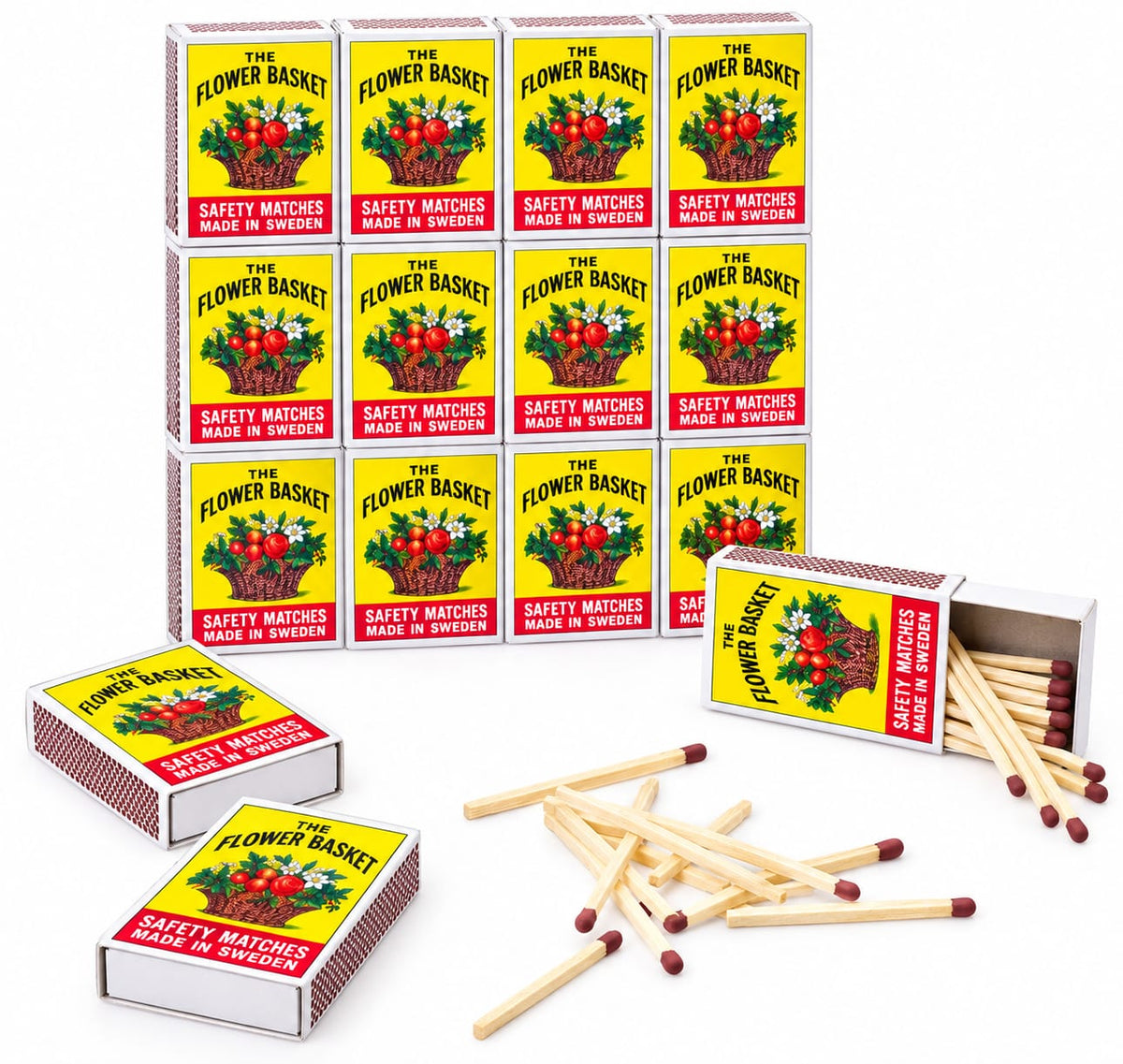 Flower Basket Safety Matches – 60 Boxes, Wooden Match Sticks, Made in Sweden