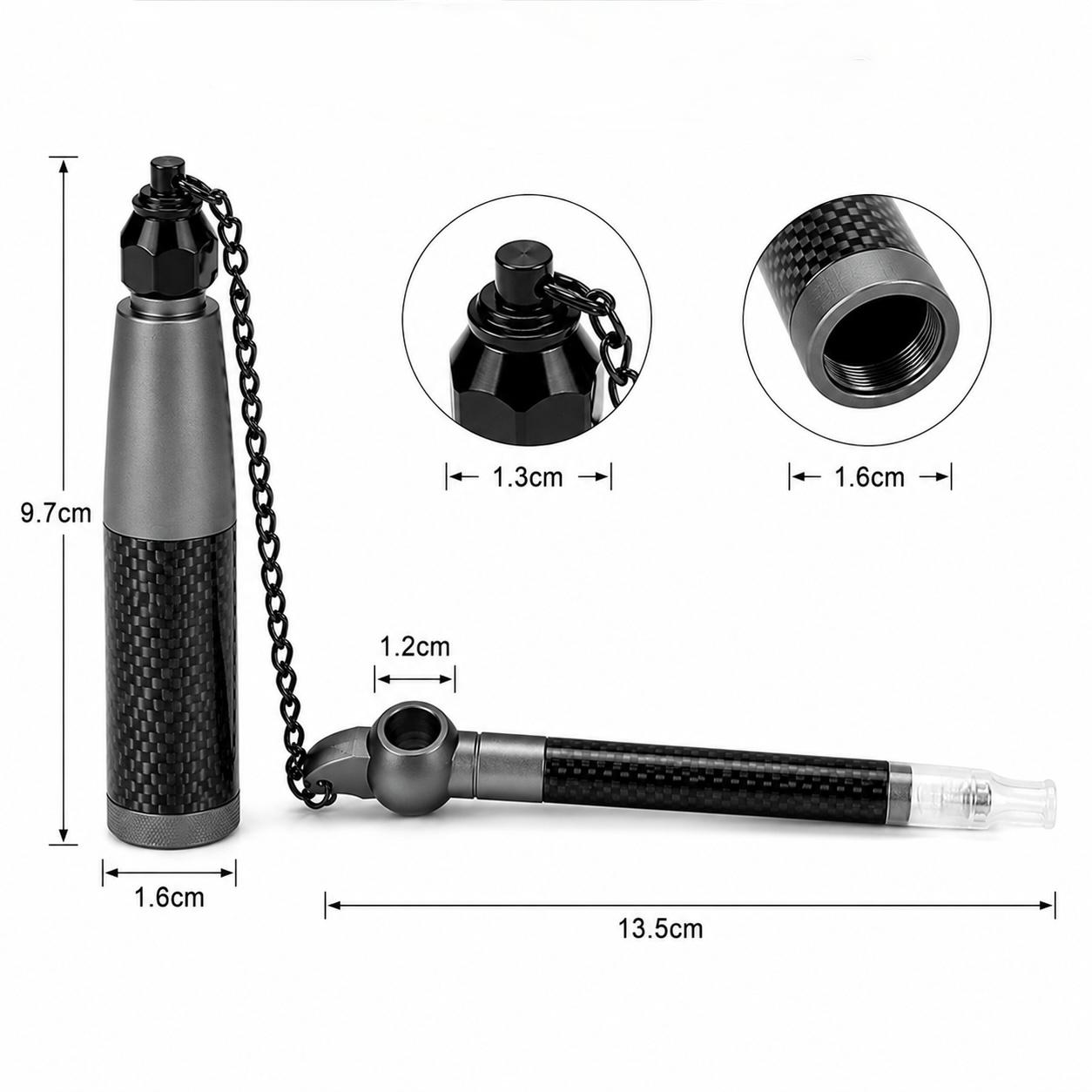 Carbon Fiber Medwakh Pipe with Matching Storage Jar & Chain – Metal Dokha Pipe Set, 13.5cm, Multiple Colors