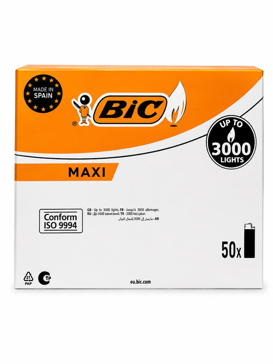 BIC Maxi Lighters – 50 Pack, Up to 3000 Lights Each, Made in Spain, ISO 9994 Certified
