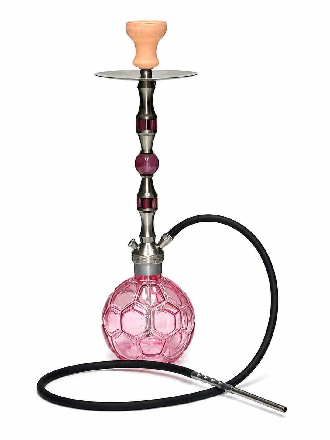 Al khumery Hexagon Ball Hookah Set | Pink  Crystal Glass Base | Stainless Steel Stem | Complete Shisha Kit| In UAE