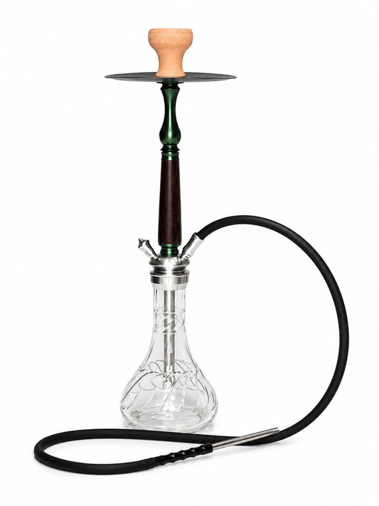 Premium Hand-Blown Glass Hookah – Wood & Steel Stem, Twisted Vortex Base, Clay Bowl, Washable Hose”