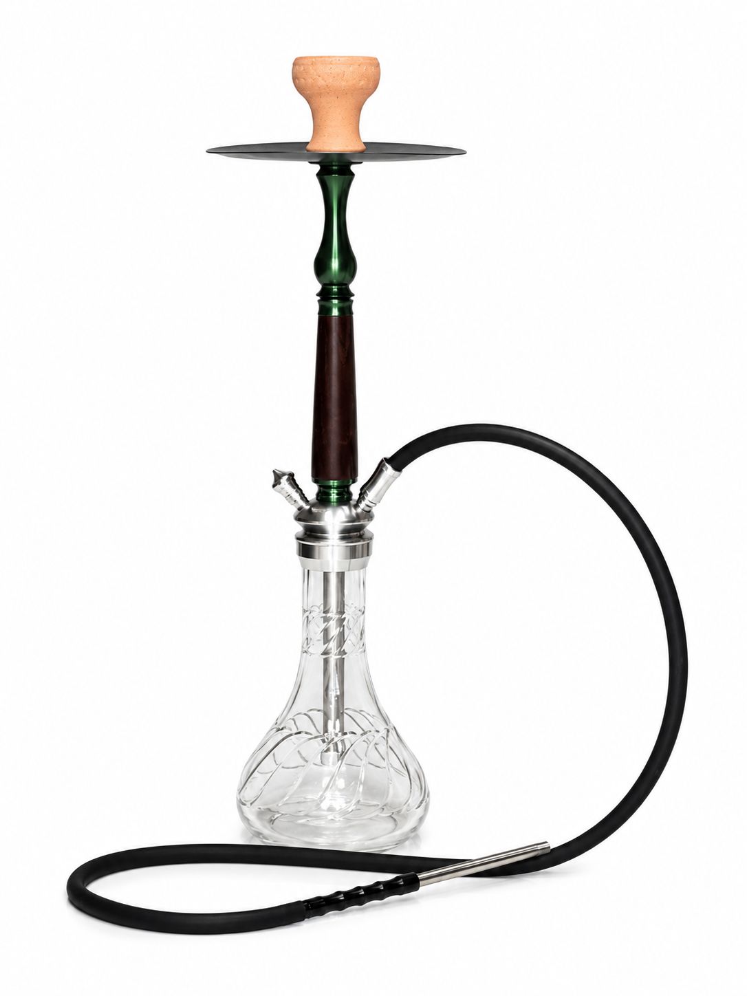 Premium Hand-Blown Glass Hookah – Wood & Steel Stem, Twisted Vortex Base, Clay Bowl, Washable Hose”