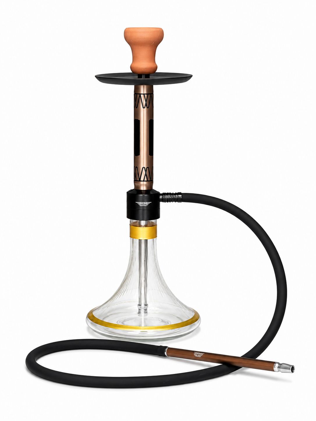 BE Aluminum Hookah – Engraved Stem, Ribbed Glass Base with Color-Banded Trim, Matching Silicone Hose