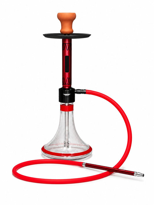 BE Aluminum Hookah – Engraved Stem, Ribbed Glass Base with Color-Banded Trim, Matching Silicone Hose