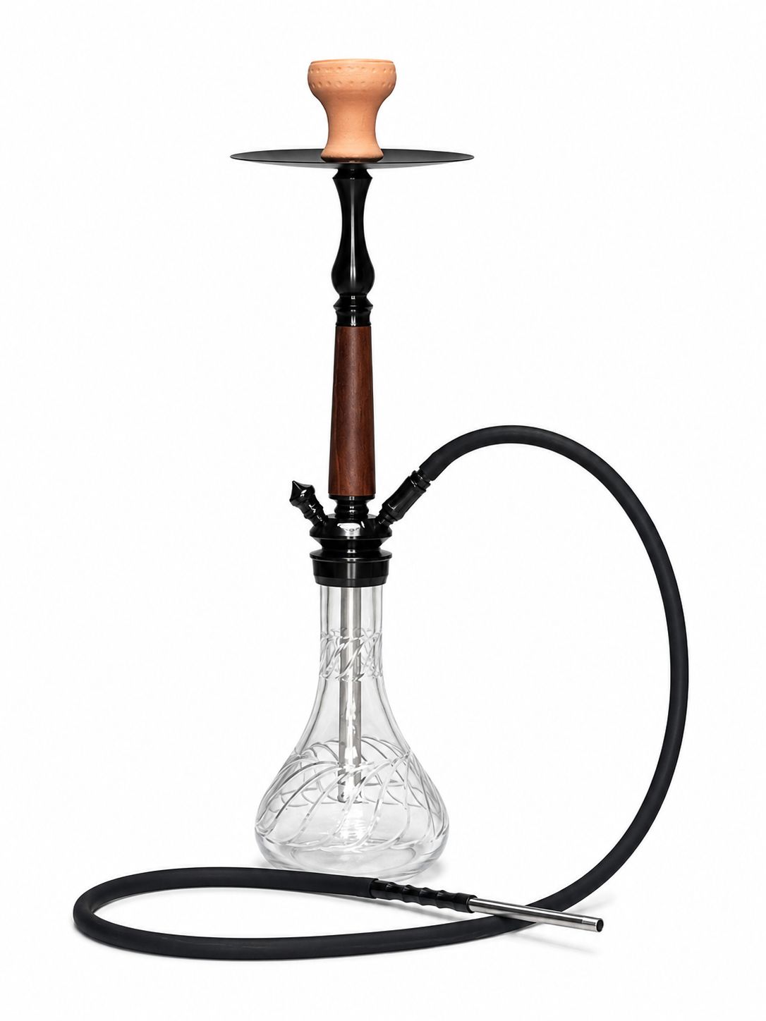 Premium Hand-Blown Glass Hookah – Wood & Steel Stem, Twisted Vortex Base, Clay Bowl, Washable Hose”