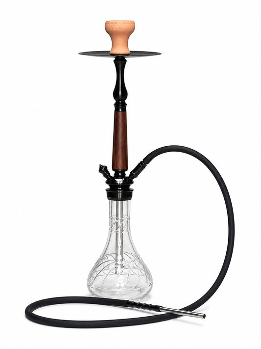 Premium Hand-Blown Glass Hookah – Wood & Steel Stem, Twisted Vortex Base, Clay Bowl, Washable Hose”