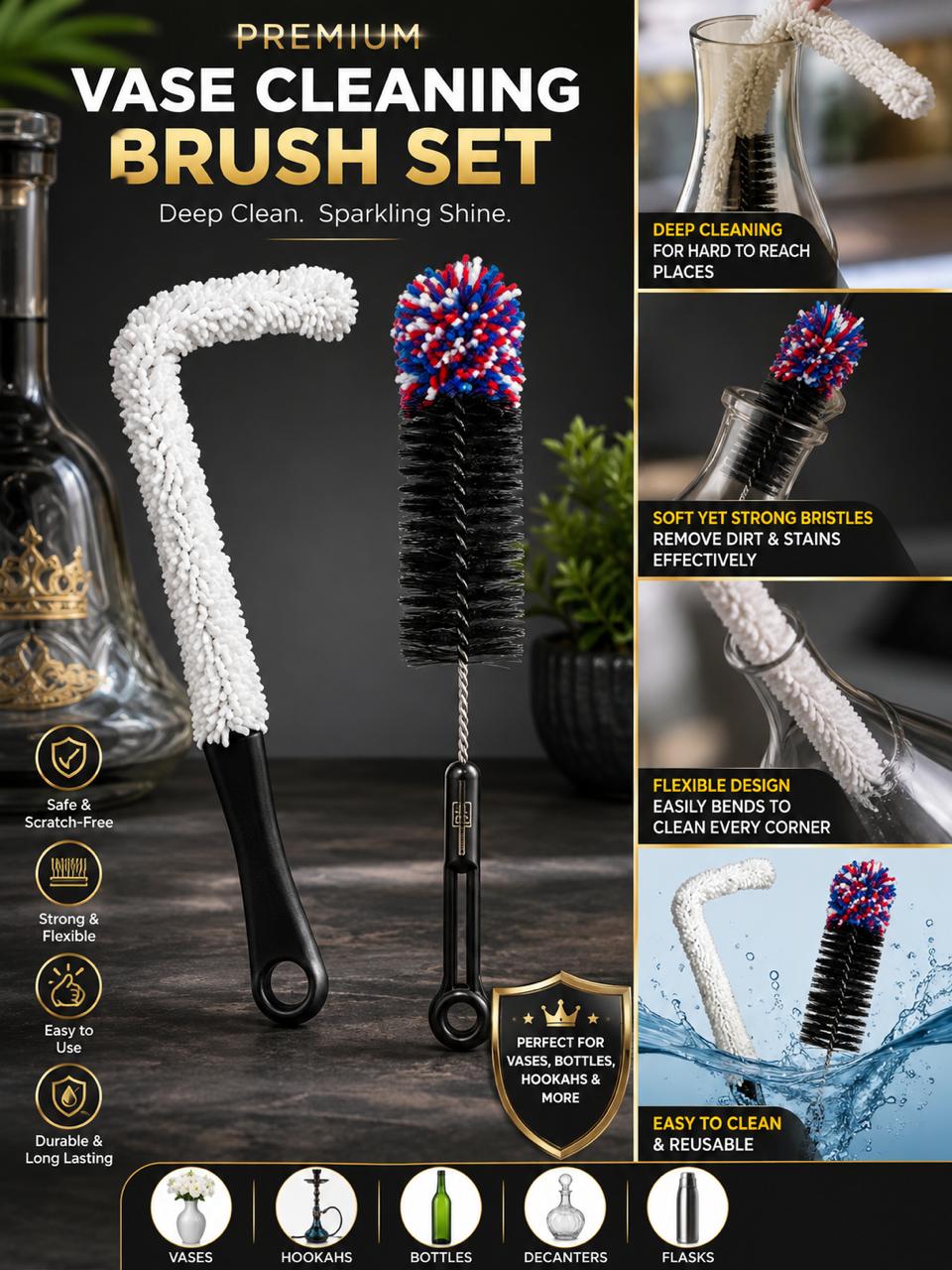 Richman 6-Piece Shisha Hookah Cleaning Brush Kit – Deep Clean Glass Vase, Hose, Bowl & Stem