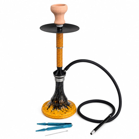 BSE Signature Amber Art Glass Hookah – Handcrafted Swirl Base, Complete Shisha Set with Hose, Ceramic Bowl, Tongs