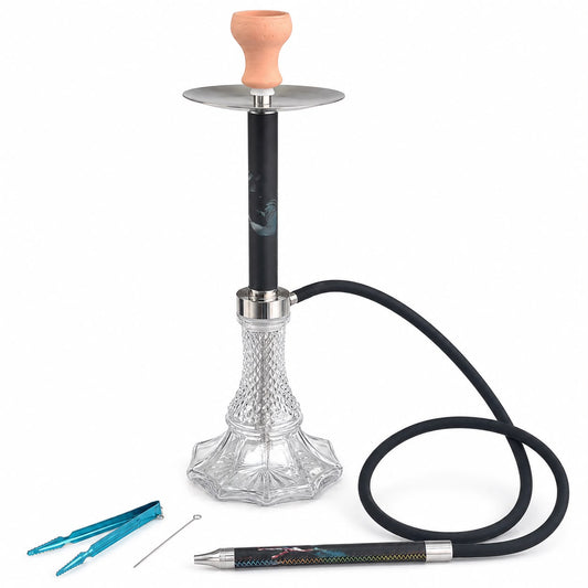 BSE Signature Onyx Black Hookah – Faceted Crystal Glass Base, Complete Shisha Set with Hose, Ceramic Bowl, Tongs