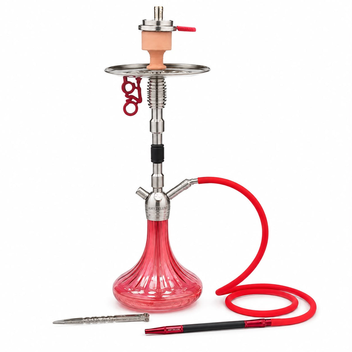 AMY DELUXE Premium Hookah Set – Made in Germany | Stainless Steel & Red Glass Shisha with Silicone Hose – 100% Authentic Complete Kit