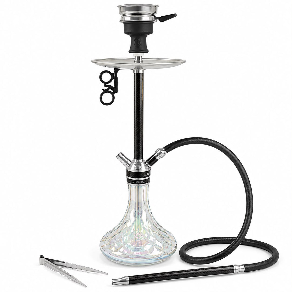 AMY DELUXE Carbon Fiber Hookah Set – Made in Germany | Iridescent Glass Base & Braided Hose – Premium Authentic Shisha