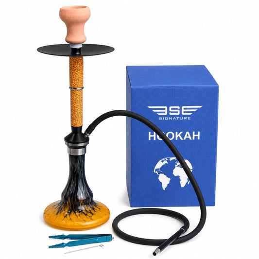 BSE Signature Amber Art Glass Hookah – Handcrafted Swirl Base, Complete Shisha Set with Hose, Ceramic Bowl, Tongs