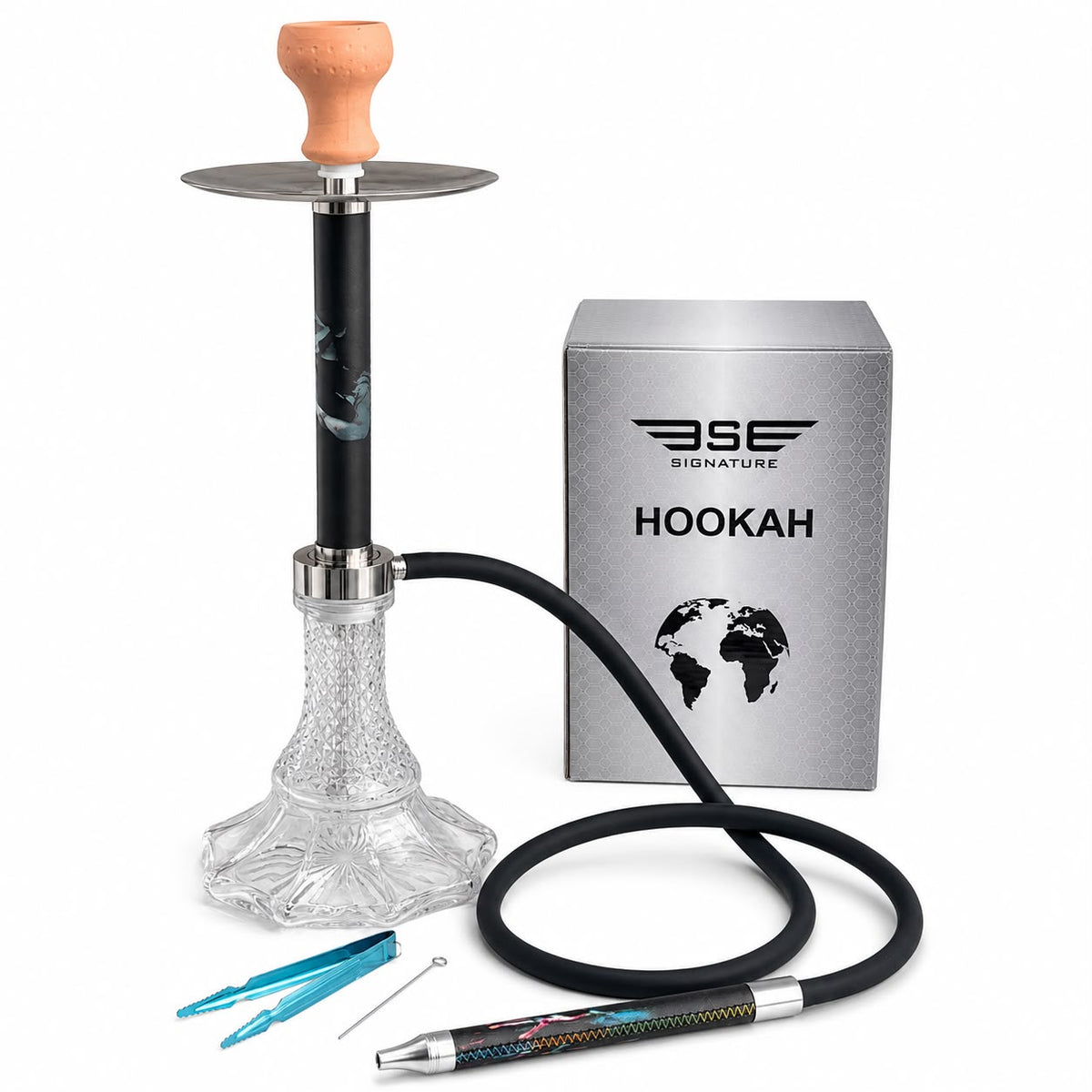 BSE Signature Onyx Black Hookah – Faceted Crystal Glass Base, Complete Shisha Set with Hose, Ceramic Bowl, Tongs