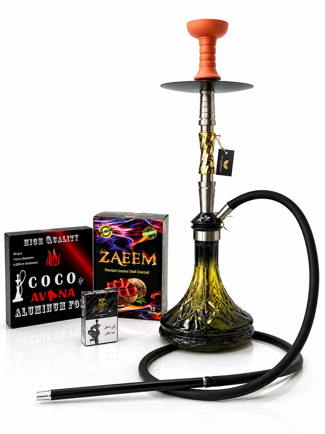 AL KHUMERY AMAZONIA TALL YELLOW CRYSTAL HOOKAH COMBO KIT | AL FAKHER TOBACCO + ZAEEM COCONUT CHARCOAL 72PCS + COCO AVANA ALUMINUM FOIL