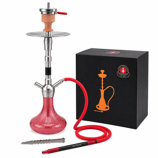 AMY DELUXE Premium Hookah Set – Made in Germany | Stainless Steel & Red Glass Shisha with Silicone Hose – 100% Authentic Complete Kit