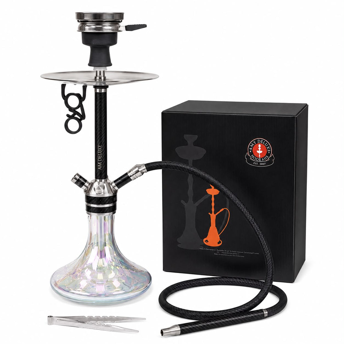 AMY DELUXE Carbon Fiber Hookah Set – Made in Germany | Iridescent Glass Base & Braided Hose – Premium Authentic Shisha