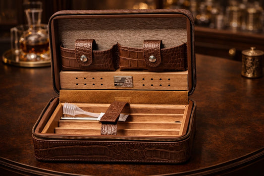Al Khumery | Luxury Crocodile Embossed Leather Travel Cigar Humidor Case | Cedar Interior, Built-In Humidifier, Snap Accessory Pockets | Portable Zipper Cigar Case