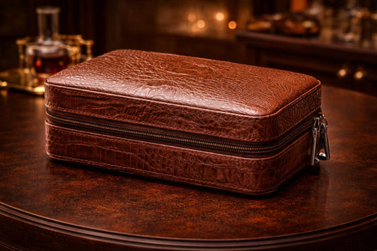 Al Khumery | Luxury Crocodile Embossed Leather Travel Cigar Humidor Case | Cedar Interior, Built-In Humidifier, Snap Accessory Pockets | Portable Zipper Cigar Case